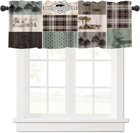 Rustic Lodge Window Valance Retro Bear Deer Country Farmhouse Buffalo Plaid Short Curtains Rod Pocket Drapes Dining Room Bedroom Kitchen Living Room Office Drapes, 54x18in in Saudi Arabia