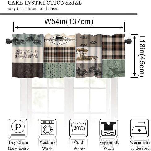 Rustic Lodge Window Valance Retro Bear Deer Country Farmhouse Buffalo Plaid Short Curtains Rod Pocket Drapes Dining Room Bedroom Kitchen Living Room Office Drapes, 54x18in in Saudi Arabia