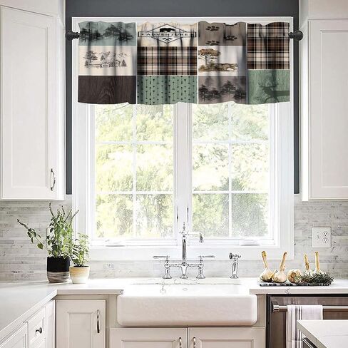 Rustic Lodge Window Valance Retro Bear Deer Country Farmhouse Buffalo Plaid Short Curtains Rod Pocket Drapes Dining Room Bedroom Kitchen Living Room Office Drapes, 54x18in in Saudi Arabia