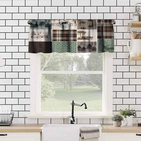 Rustic Lodge Window Valance Retro Bear Deer Country Farmhouse Buffalo Plaid Short Curtains Rod Pocket Drapes Dining Room Bedroom Kitchen Living Room Office Drapes, 54x18in in Saudi Arabia