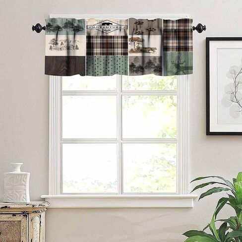 Rustic Lodge Window Valance Retro Bear Deer Country Farmhouse Buffalo Plaid Short Curtains Rod Pocket Drapes Dining Room Bedroom Kitchen Living Room Office Drapes, 54x18in in Saudi Arabia