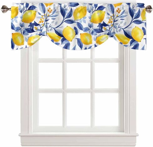 Spring Summer Pastoral Lemon on White Tie Up Valance Curtains, Navy Blue Leaves Kitchen Light Filtering Window Treatments with 3-inch Rod Pocket for Living Room,Bedroom,54x18In in Saudi Arabia