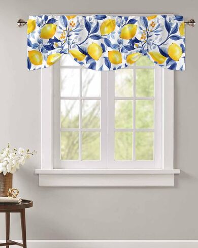 Spring Summer Pastoral Lemon on White Tie Up Valance Curtains, Navy Blue Leaves Kitchen Light Filtering Window Treatments with 3-inch Rod Pocket for Living Room,Bedroom,54x18In in Saudi Arabia