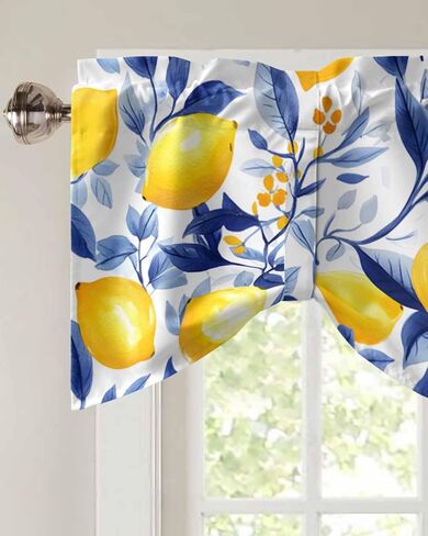 Spring Summer Pastoral Lemon on White Tie Up Valance Curtains, Navy Blue Leaves Kitchen Light Filtering Window Treatments with 3-inch Rod Pocket for Living Room,Bedroom,54x18In in Saudi Arabia
