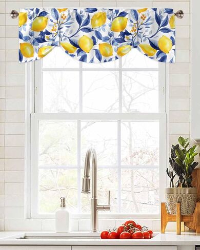Spring Summer Pastoral Lemon on White Tie Up Valance Curtains, Navy Blue Leaves Kitchen Light Filtering Window Treatments with 3-inch Rod Pocket for Living Room,Bedroom,54x18In in Saudi Arabia