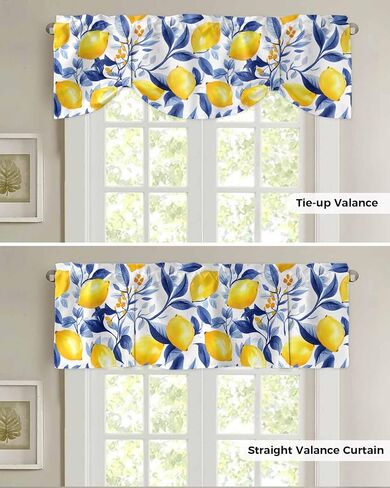 Spring Summer Pastoral Lemon on White Tie Up Valance Curtains, Navy Blue Leaves Kitchen Light Filtering Window Treatments with 3-inch Rod Pocket for Living Room,Bedroom,54x18In in Saudi Arabia