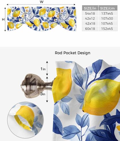 Spring Summer Pastoral Lemon on White Tie Up Valance Curtains, Navy Blue Leaves Kitchen Light Filtering Window Treatments with 3-inch Rod Pocket for Living Room,Bedroom,54x18In in Saudi Arabia