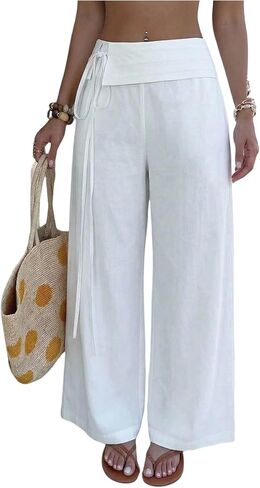 GORGLITTER Women's Low Rise Wide Leg Pants Drawstring Waist Baggy Beach Vacation Lounge Casual Trousers in Kuwait
