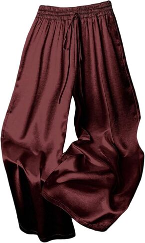 GORGLITTER Women's Satin Wide Leg Pants Drawstring Waist Baggy Business Casual Flowy Trousers Quiet Luxury Clothes in Kuwait