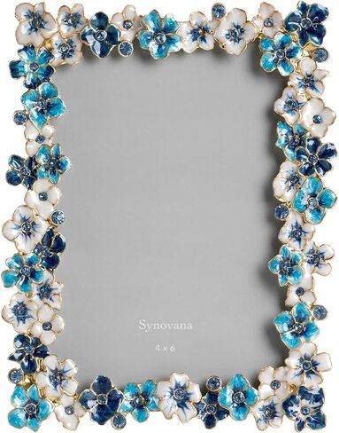 5x7 Blue Flower Picture Frame with Rhinestones | Floral alloy frame with 3D blue & white petals, holds 5x7 photo, tabletop display, ideal for wedding, bedroom, desk & gifting in Kuwait