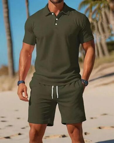 Men's 2 Pieces Outfits Casual Quarter Polo Shirt and Shorts Set Athletic Jogging Summer Tracksuit in Kuwait