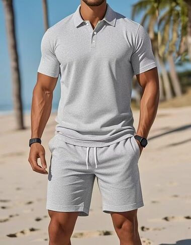Men's 2 Pieces Outfits Casual Quarter Polo Shirt and Shorts Set Athletic Jogging Summer Tracksuit in Kuwait