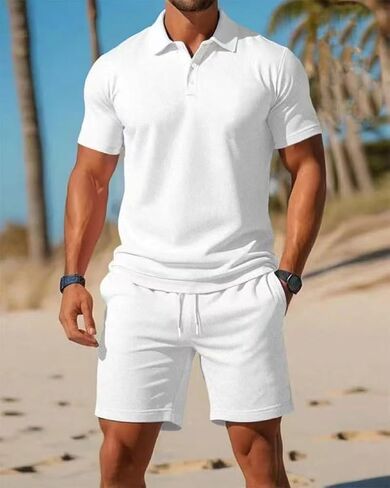 Men's 2 Pieces Outfits Casual Quarter Polo Shirt and Shorts Set Athletic Jogging Summer Tracksuit in Kuwait