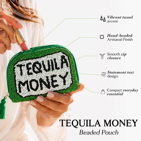 America & Beyond Tequila Money Beaded Coin Pouch, Green, Mini Zip Pouch with Tassel, 5 x 3.5 Inch in Saudi Arabia