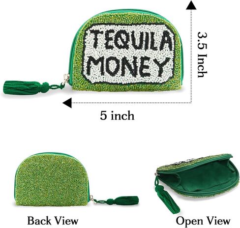 America & Beyond Tequila Money Beaded Coin Pouch, Green, Mini Zip Pouch with Tassel, 5 x 3.5 Inch in Saudi Arabia