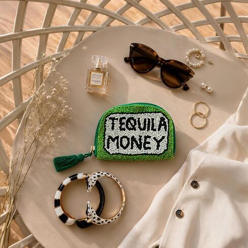 America & Beyond Tequila Money Beaded Coin Pouch, Green, Mini Zip Pouch with Tassel, 5 x 3.5 Inch in Saudi Arabia