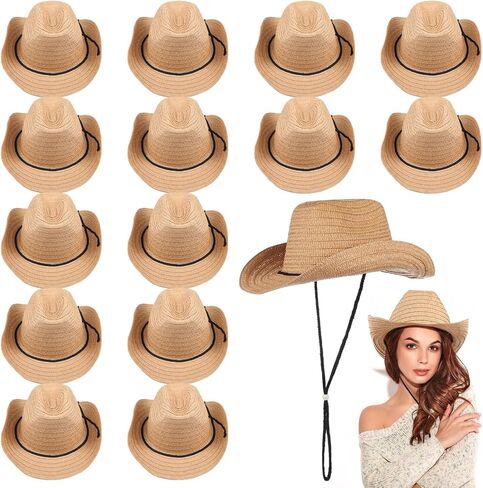 15 Pcs Straw Cowboy Hats, Western Wide Brim Hats for Men & Women, Unisex Cowgirl Hat, Sun Hats with Adjustable Chin Strap for Outdoor Activities, Themed Parties in Kuwait