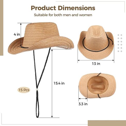 15 Pcs Straw Cowboy Hats, Western Wide Brim Hats for Men & Women, Unisex Cowgirl Hat, Sun Hats with Adjustable Chin Strap for Outdoor Activities, Themed Parties in Kuwait