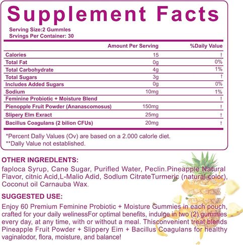 Slippery Kitty Gummies | her Juicy Feminine probiotics Gummies | Support pH Balance & Digestive Health, Slippery Elm for Women | 60 Count | Pineapple Flavor in Saudi Arabia