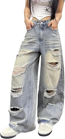 Womens Wide Leg Baggy Jeans with Pockets Hip Hop Y2k Casual Skater Loose Denim Pants Streetwear in Saudi Arabia