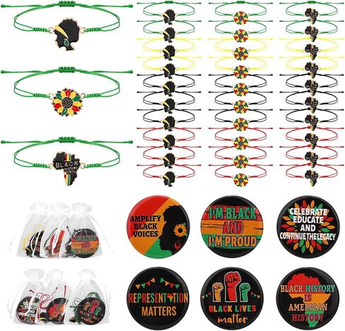30pcs Black History Bracelets & 30pcs Pin Button for Woman, Black History Month Party Favors with Adjustable String Bracelets and Badges Pin for Juneteenth Celebration Supplies in Kuwait