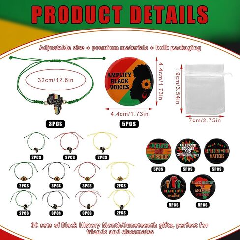 30pcs Black History Bracelets & 30pcs Pin Button for Woman, Black History Month Party Favors with Adjustable String Bracelets and Badges Pin for Juneteenth Celebration Supplies in Kuwait