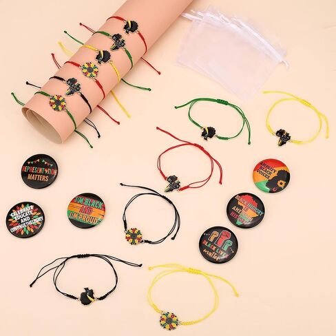 30pcs Black History Bracelets & 30pcs Pin Button for Woman, Black History Month Party Favors with Adjustable String Bracelets and Badges Pin for Juneteenth Celebration Supplies in Kuwait
