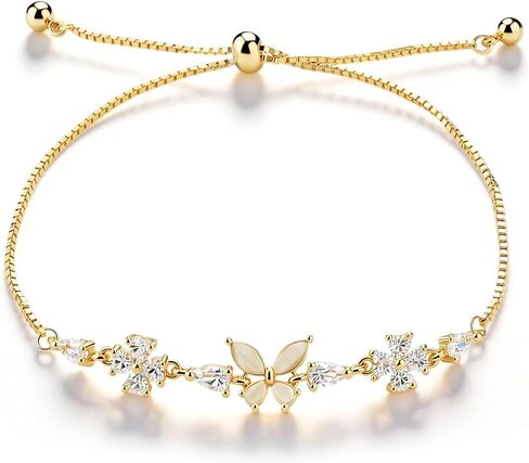 Dainty Adjustable Bracelets for Women, Gold Sparkly Flower Bracelet, Rhinestone Bracelet for Women with Slider Chain, Jewelry Gift in Saudi Arabia