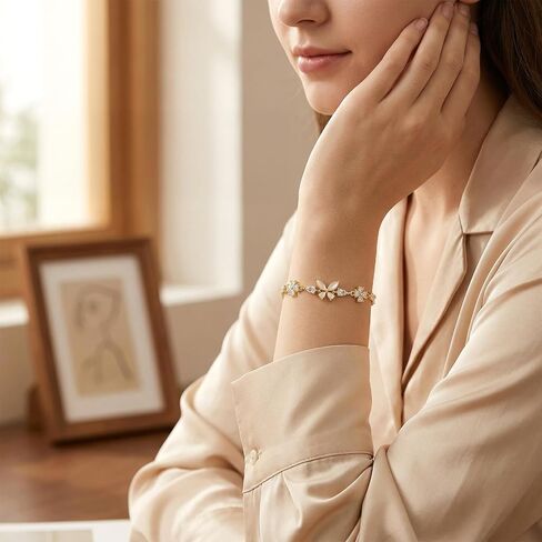 Dainty Adjustable Bracelets for Women, Gold Sparkly Flower Bracelet, Rhinestone Bracelet for Women with Slider Chain, Jewelry Gift in Saudi Arabia