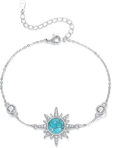 Genuine Turquoise Sun Link Bracelet, Sterling Silver Adjustable Dainty Bracelet Native American Jewelry, Fit for 6.5 7 7.5 Inches in Kuwait