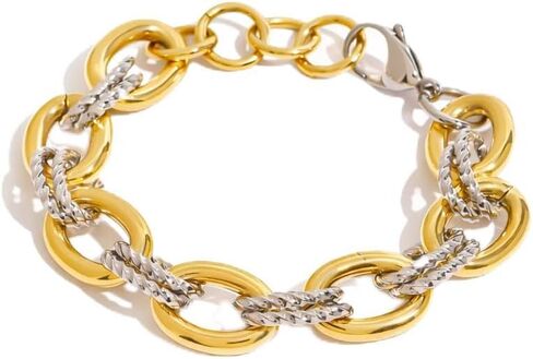 18K Gold Plated Stainless Steel Chunky Chain Bracelet for Women, Two Tone Oval Link Bracelet Bold Statement Waterproof Jewelry in Kuwait