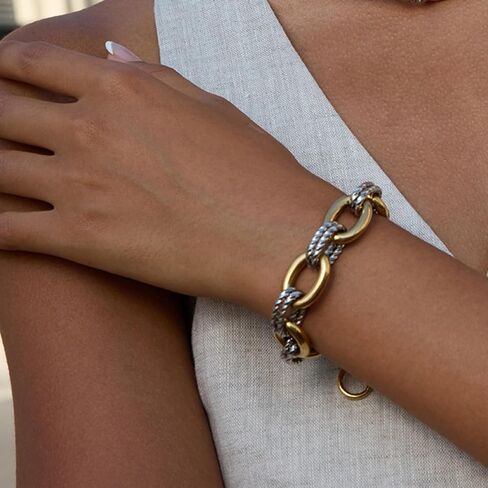18K Gold Plated Stainless Steel Chunky Chain Bracelet for Women, Two Tone Oval Link Bracelet Bold Statement Waterproof Jewelry in Kuwait