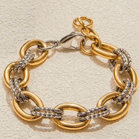 18K Gold Plated Stainless Steel Chunky Chain Bracelet for Women, Two Tone Oval Link Bracelet Bold Statement Waterproof Jewelry in Kuwait
