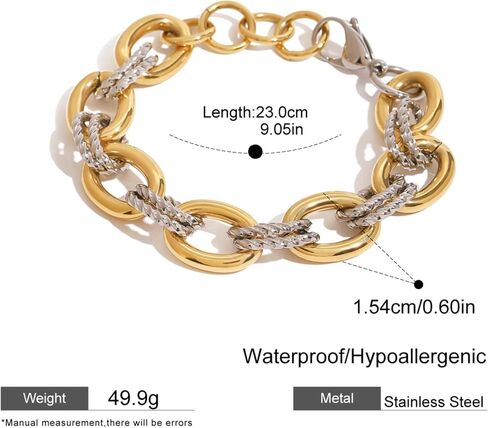18K Gold Plated Stainless Steel Chunky Chain Bracelet for Women, Two Tone Oval Link Bracelet Bold Statement Waterproof Jewelry in Kuwait