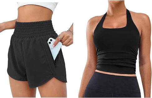 BMJL High Waisted Running Shorts with Halter Workout Tops(S, Black) in Kuwait