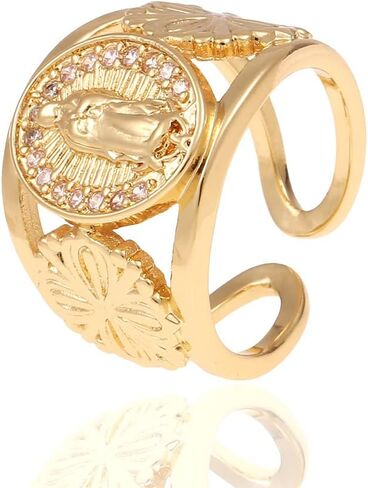 Cubic Zirconia Virgin Mary Statement Ring for Women 18K Gold Plated Open Band Jewelry Lucky Religious Baptism Gifts in Saudi Arabia