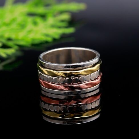 Handmade Hammered Sterling Silver Fidget Ring | 925 Solid Silver | 3 Tone Spinner Band | Boho Statement Ring | Christmas Gift in Saudi Arabia