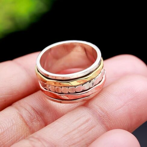 Handmade Hammered Sterling Silver Fidget Ring | 925 Solid Silver | 3 Tone Spinner Band | Boho Statement Ring | Christmas Gift in Saudi Arabia