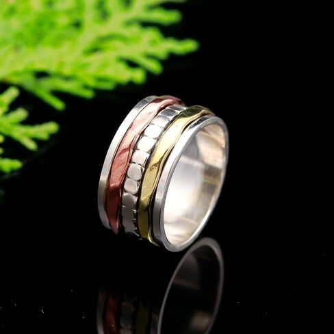Handmade Hammered Sterling Silver Fidget Ring | 925 Solid Silver | 3 Tone Spinner Band | Boho Statement Ring | Christmas Gift in Saudi Arabia