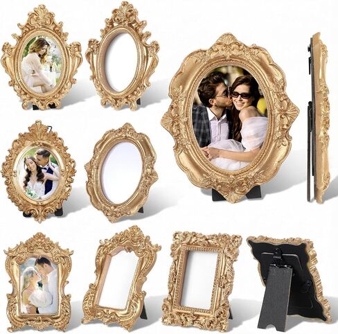 10 Pcs Gold Mini Picture Frames with Stands, Tiny Vintage Picture Frames Oval/Rectangle Mini Baroque Resin Frame for Tabletop Display, Wall Decor, Vintage Home, Wedding in Saudi Arabia