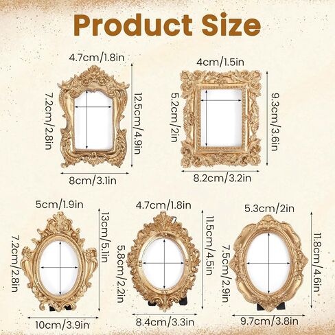 10 Pcs Gold Mini Picture Frames with Stands, Tiny Vintage Picture Frames Oval/Rectangle Mini Baroque Resin Frame for Tabletop Display, Wall Decor, Vintage Home, Wedding in Saudi Arabia
