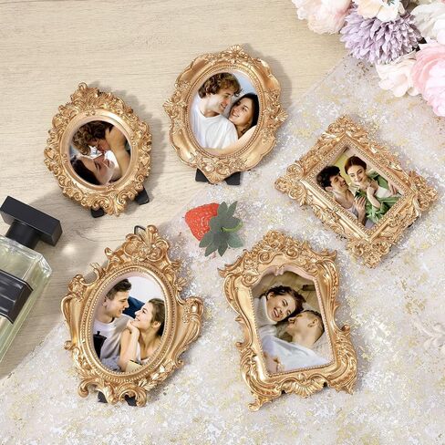 10 Pcs Gold Mini Picture Frames with Stands, Tiny Vintage Picture Frames Oval/Rectangle Mini Baroque Resin Frame for Tabletop Display, Wall Decor, Vintage Home, Wedding in Saudi Arabia
