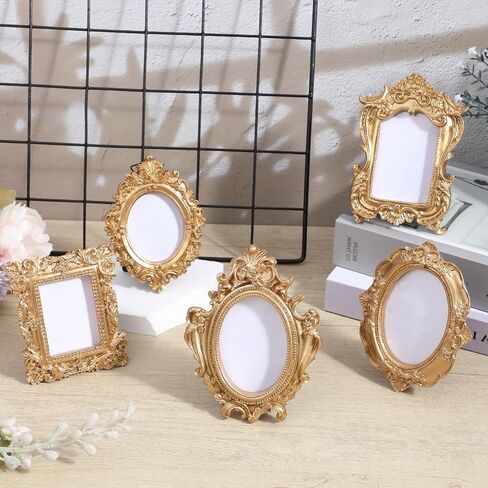10 Pcs Gold Mini Picture Frames with Stands, Tiny Vintage Picture Frames Oval/Rectangle Mini Baroque Resin Frame for Tabletop Display, Wall Decor, Vintage Home, Wedding in Saudi Arabia