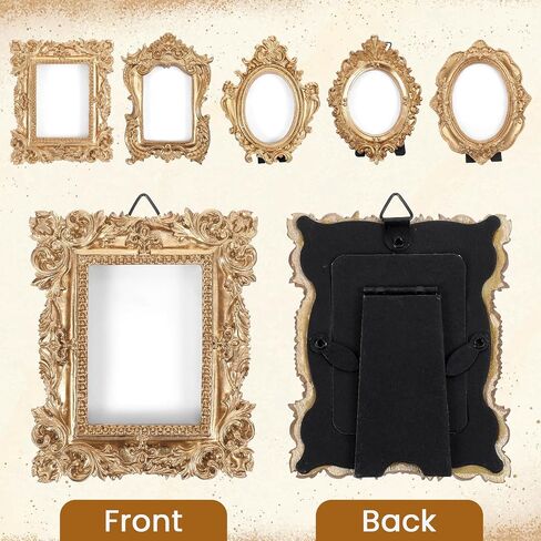 10 Pcs Gold Mini Picture Frames with Stands, Tiny Vintage Picture Frames Oval/Rectangle Mini Baroque Resin Frame for Tabletop Display, Wall Decor, Vintage Home, Wedding in Saudi Arabia
