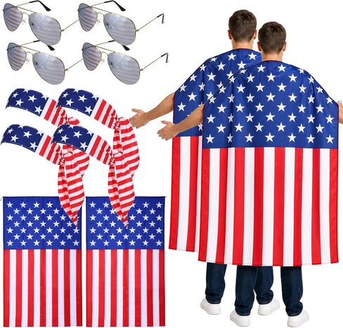12 Pcs Wearable American Flag Cape 4th of July Outfits Set for 250th Anniversary, Patriotic American Flag Costume for Independence Day USA with 4 Sunglasses 4 Headband 4 Cape Accessories for Women Men in Saudi Arabia
