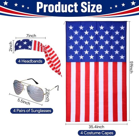 12 Pcs Wearable American Flag Cape 4th of July Outfits Set for 250th Anniversary, Patriotic American Flag Costume for Independence Day USA with 4 Sunglasses 4 Headband 4 Cape Accessories for Women Men in Saudi Arabia
