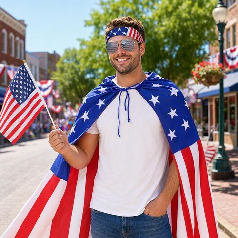 12 Pcs Wearable American Flag Cape 4th of July Outfits Set for 250th Anniversary, Patriotic American Flag Costume for Independence Day USA with 4 Sunglasses 4 Headband 4 Cape Accessories for Women Men in Saudi Arabia