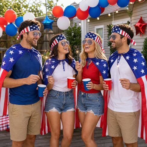 12 Pcs Wearable American Flag Cape 4th of July Outfits Set for 250th Anniversary, Patriotic American Flag Costume for Independence Day USA with 4 Sunglasses 4 Headband 4 Cape Accessories for Women Men in Saudi Arabia