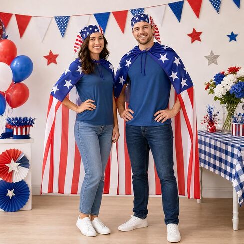12 Pcs Wearable American Flag Cape 4th of July Outfits Set for 250th Anniversary, Patriotic American Flag Costume for Independence Day USA with 4 Sunglasses 4 Headband 4 Cape Accessories for Women Men in Saudi Arabia