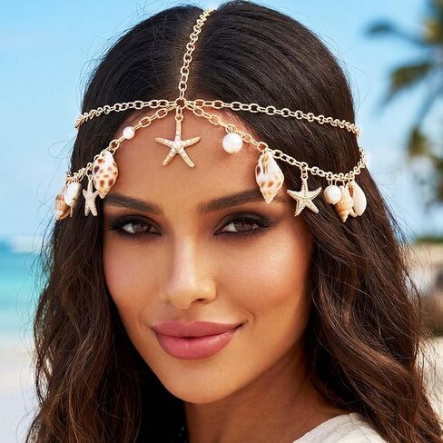 سلسلة رأس نجم البحر من GORTIN، غطاء رأس ذهبي على شكل صدفة بوهو للشاطئ، عصابة رأس على شكل حورية البحر، إكسسوارات للشعر للنساء in Kuwait